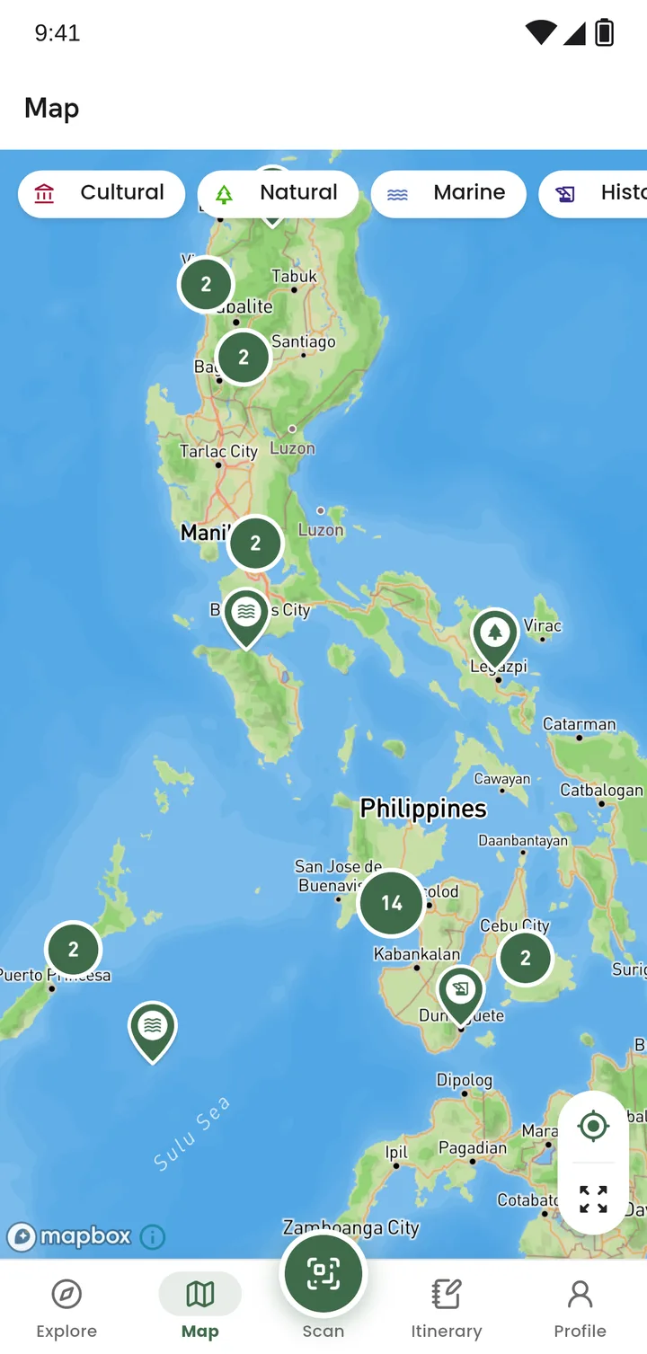 The app's map of the Philippines with heritage sites grouped by area
