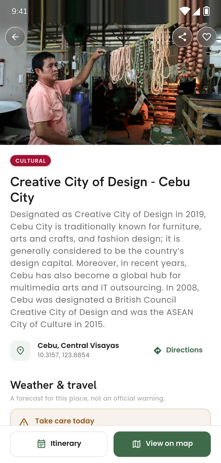 A place in the app: Creative City of Design, Cebu City, with its photo, story and directions